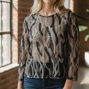 C&M Collection 48 Medium Black Gold Sequin Jacket Formal Holiday